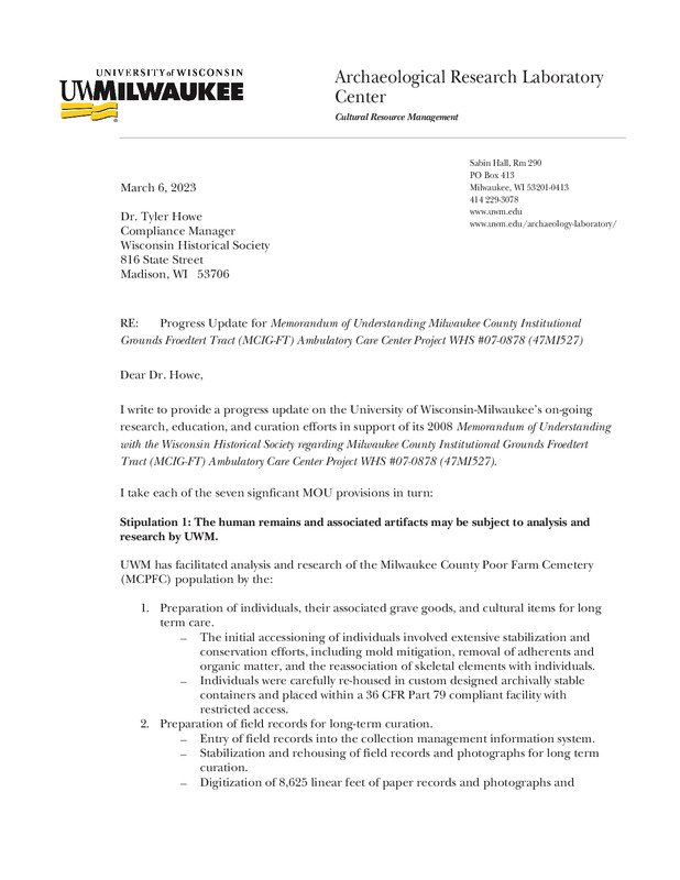 2022 Progress Update for Memorandum of Understanding Milwaukee County Institutional Grounds Froedtert Tract (MCIG-FT) Ambulatory Care Center Project WHS #07-0878 (47MI527)